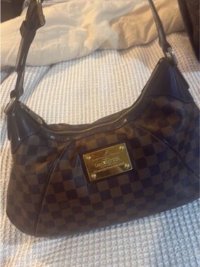 Louis Vuitton Dark Brown Damier Ebene Shoulder Bag with Gold Plaque